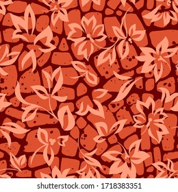 Floral ornament mixed with geometric shapes background. Simple abstract garden flowers silhouettes on Irregular blocks giraffe skin, stone mosaic texture. Flat design. Nature motif seamless pattern.