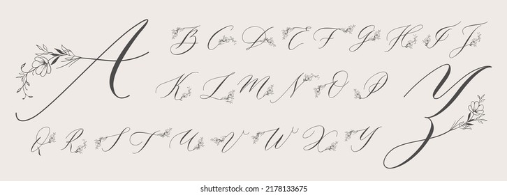 Floral ornament monogram. Handwritten font with flowers and leafy branches decoration, vintage calligraphy capital letters vector set. Luxury alphabet decorated with plants, font with flourishes