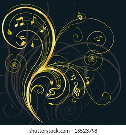 Ornamento floral con nota musical, ilustración vectorial en capas.