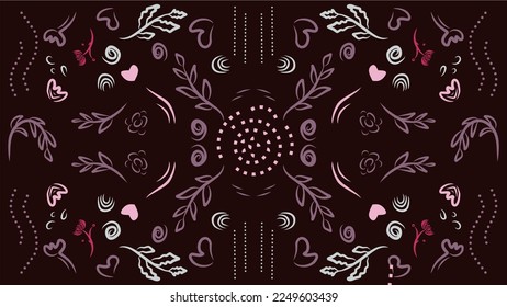 Floral ornament on black background. For design textiles, paper, wallpaper. Seamless pattern of purple leaves, grey, pink flowers and abstrack line.