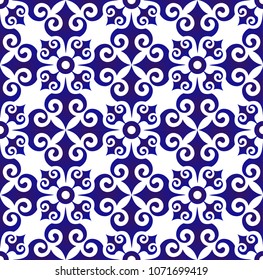 Floral ornament on watercolor backdrop damask style,seamless blue and white pattern for design, porcelain, chinaware, ceramic, tile, ceiling, texture, wallpaper, floor and wall, vector illustration