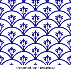 Floral ornament on watercolor backdrop damask style, blue and white ceramic tile pattern seamless vector illustration, cute porcelain background design