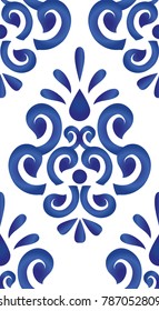 Ornamento floral em pano de fundo aquarela, padrão de cerâmica azul e branco ilustração vetorial sem costura, design de fundo de porcelana bonito estilo damasco