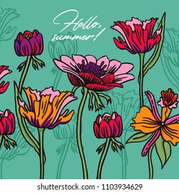 Floral ornament with orchids and tulips. Summer garden. Vector illustration for package and cards.