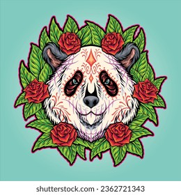 Floral ornament panda head dia de los muertos vector illustrations for your work logo, merchandise t-shirt, stickers and label designs, poster, greeting cards advertising business company or brands