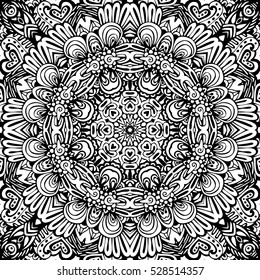 Floral ornament pattern. Black and white round texture in vector. adult coloring page