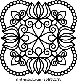 floral ornament. the pattern is in a square. isolated on white contour drawing by hand. template, print, henna, mehendi, tattoo, embroidery, coloring.