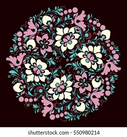 Floral ornament placed on a circle. Blue and pink flowers on dark brown background. Vector