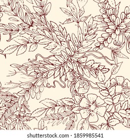 Floral ornament. Plexus of branches and leaves of trees, shrubs and herbs. Decorative and wild flowers. Seamless. Beautiful summer, spring composition. Vector illustration.