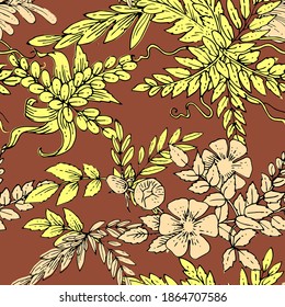 Floral ornament. Plexus of branches and leaves of trees, shrubs and herbs. Decorative and wild flowers. Seamless. Beautiful summer, spring composition. Vector illustration.
