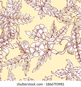 Floral ornament. Plexus of branches and leaves of trees, shrubs and herbs. Decorative and wild flowers. Seamless. Beautiful summer, spring composition. Vector illustration.