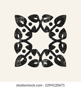 Floral ornament in retro style. Design with rough texture. Black print on white background