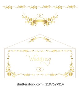 Floral ornament, ribbon, hand lettering, rings. Template for vector design.