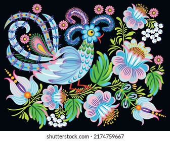 Floral ornament with a rooster. Petrykivka painting - Traditional Ukrainian painting, vector illustration.