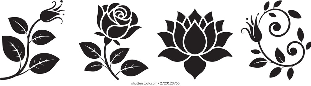 Conjunto de silueta de Vector de hoja y rosa de ornamento floral