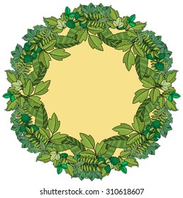 Floral ornament, round frame from plants and leafs, vector illustration