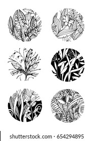floral ornament in round shape, graphic plants, flowers and leaves