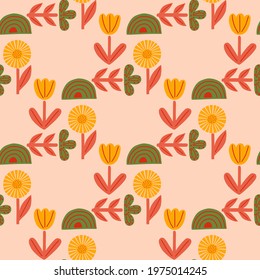 Floral ornament seamless pattern in abstract style. Red, yellow and green colors ornament. Pink background. Flat vector print for textile, fabric, giftwrap, wallpapers. Endless illustration.