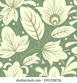 Floral ornament. Seamless pattern. Beautiful interlacing of branches and flowers. Illustration in a simple flat symbolic style. Country wild herbs. Vector