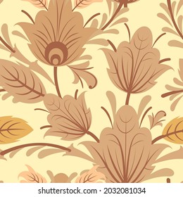 Floral ornament. Seamless pattern. Beautiful interlacing of branches and flowers. Illustration in a simple flat symbolic style. Funny. Rural. Vector.