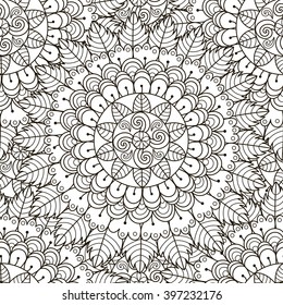 Floral ornament seamless pattern. Black and white round texture in vector. Great choice for wrapping, printing, fabric paper, adult coloring page