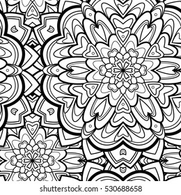 Floral ornament seamless pattern. Black and white round texture in vector. Monochrome design. Meditation anti stress page. Lace. Flower. For card, print, yoga illustration or beautiful background.