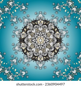 Floral ornament seamless pattern. Blue, white and black round texture in Vector illustration.