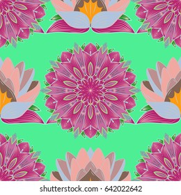 Floral ornament seamless pattern. Blue round texture in Vector illustration.