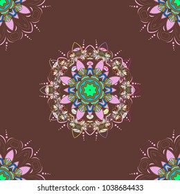 Floral ornament seamless pattern. Brown, neutral and green round texture in Vector illustration.