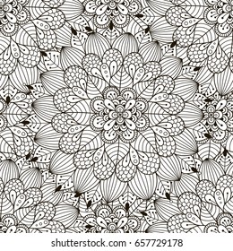 Blumenziermuster nahtlos. Farbseite für Erwachsene. Schwarz-Weiß-Ornament-Textur, Zentangle mandala. Große Auswahl für Umhüllung, Druck und Stoffpapier und für die Färbung von Erwachsenen