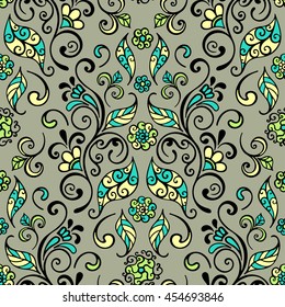 Floral ornament seamless pattern, curls, decorative leaves, lace. Hand drawn vector illustration.