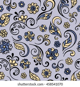Floral ornament seamless pattern, curls, decorative leaves, lace. Hand drawn vector illustration.