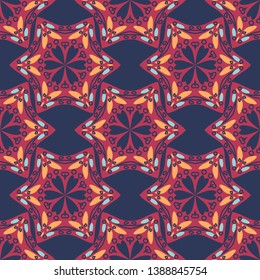 Floral ornament, seamless pattern, dark blue background, Scandinavian style, vector illustration