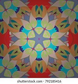 Floral ornament seamless pattern. Neutral, orange and blue round texture in Vector illustration.