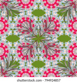 Floral ornament seamless pattern. Neutral, green and blue round texture in Vector illustration.
