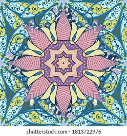 Floral ornament seamless pattern. Pink, blue and neutral round texture in Vector illustration.