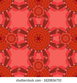 Ornamento floral sin fisuras. Textura redonda rosa, roja y naranja en la ilustración vectorial.