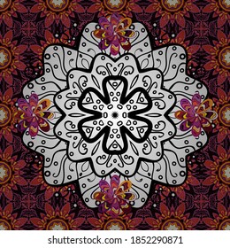Floral ornament seamless pattern. Purple, black and white round texture in Vector illustration.