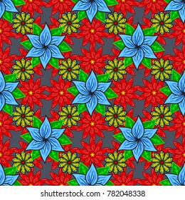 Floral ornament seamless pattern. Red, blue and green round texture in Vector illustration.