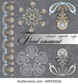 The floral ornament. In the set of graphic element, vignette, edge. To be used for the design of printed materials, decorations, tableware, interior items