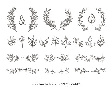 Floral ornament set. Hand drawn wreaths and text dividers made of branches with leaves and berries. Isolated on white background. Perfect for invitation cards and page decoration. Vector illustration.