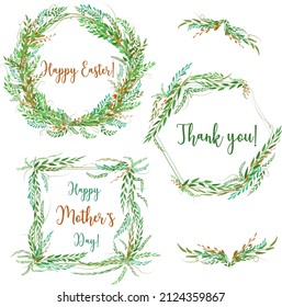 Floral ornament set, leaves, flowers. Floral frame template, invitation with botanical elements, poster, invitation. Abstract illustration for your design