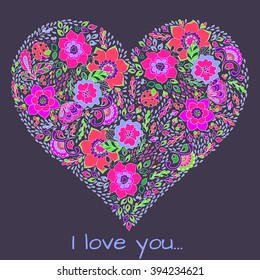 Floral ornament in the shape of a heart. Spring design. Bright and colorful illustration. Postcard for lovers. Cute and sweet card.