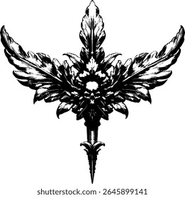 Ornamento floral com crânio, esculpido. Aparência escura. Com efeito de meio-tom