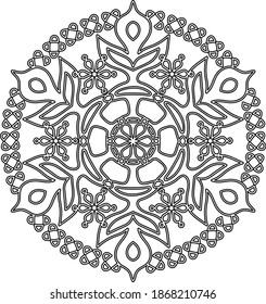 floral ornament. snowflake. black and white isolated contour drawing by hand. coloring, embroidery, pattern, print.