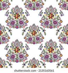 Floral ornament in the style of Mexican Otomi embroidery. Seamless pattern on a white background.