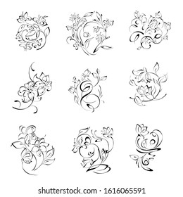 floral ornament of stylized flowers with leaves in black lines on a white background. set