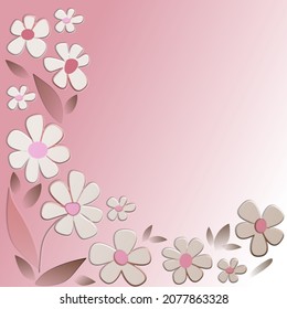 Floral ornament with texture and watercolor fill for greeting card. Square frame with daisies on a pink delicate background for a wedding invitation.