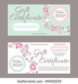 Floral ornament vector gift certificate. Set of vector certificates with a floral pattern on a background of polka dots.