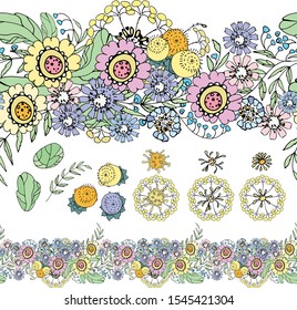 Floral ornament vector, pattern, isolated details, wreath, seamless brushes, wildflowers and herbs, cereals, on white background. Stylized buds,
